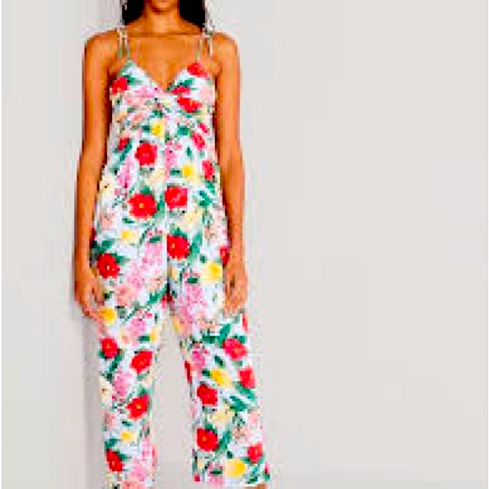 Old Navy Red and Green Floral Jumpsuit with Sweetheart Neckline